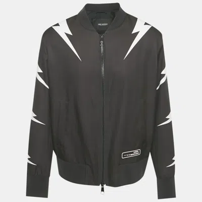 Pre-owned Neil Barrett Black Tiger Bolt Print Synthetic Bomber Jacket Xl