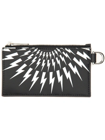 Neil Barrett Logo Printed Zipped Strapped Card Holder In Black