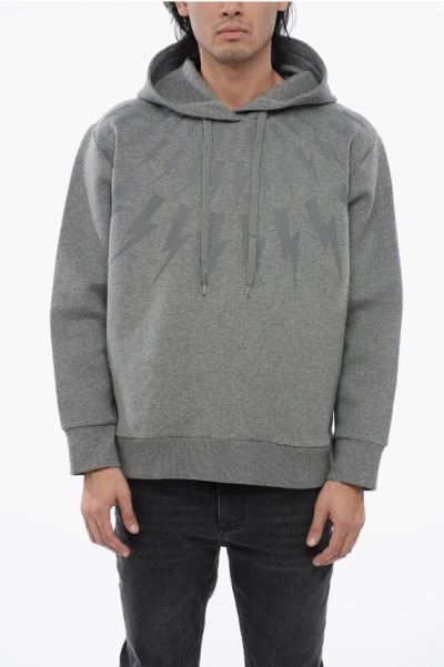 Neil Barrett Cotton Neoprene Fairisle Thunderbolt Hoodie In Grey