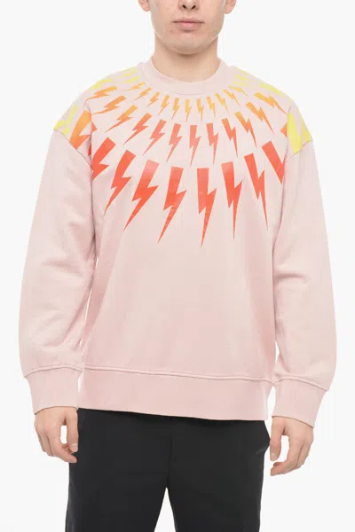 Neil Barrett Crew Neck Fair-isle Thunderbolt Sweatshirt With Degradè Prin In Pink