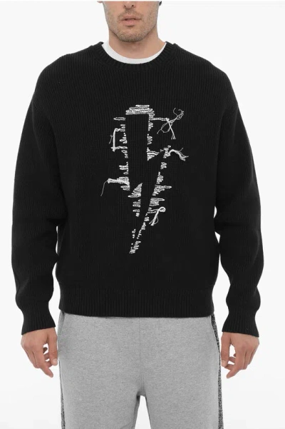 Neil Barrett Crew Neck Stitched Bolt Cotton Blend Sweater In Black