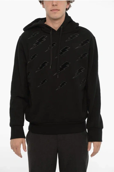 Neil Barrett Easy Fit Hoodie With Velvet Thunderbolt In Black