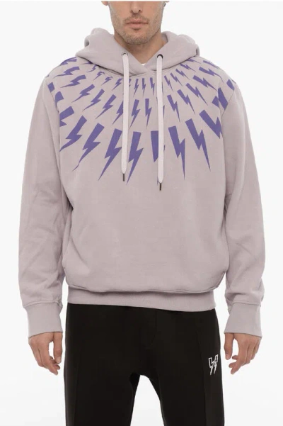 Neil Barrett Fleeced Cotton Fairisle Thunderbolt Hoodie In Purple