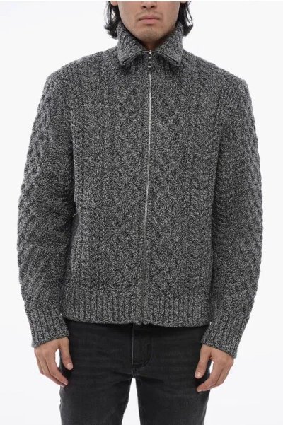 Neil Barrett Full Zipped Cable Knit Wool Pullover In Gray