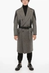 Neil Barrett Herringbone Motif Virgin Wool Double Breast Coat With Belt
