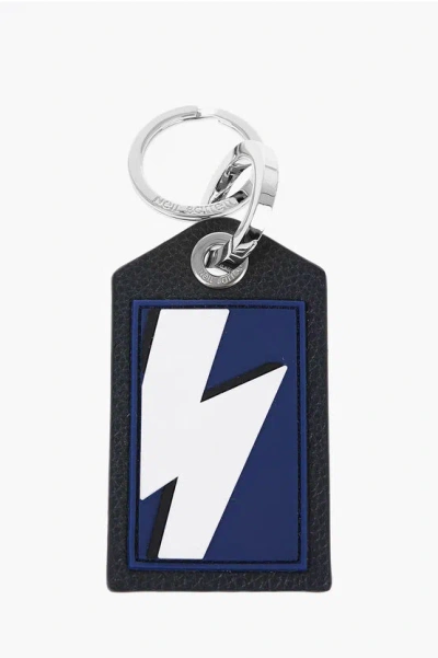 NEIL BARRETT KEYRING WITH TEXTURED LEATHER PENDANT AND THUNDERBOLT DETAIL