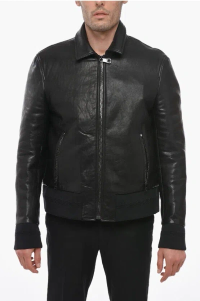 Neil Barrett Leather Harringtone Jacket With Vintage Effect In Black