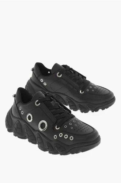 Neil Barrett Leather Low Top Sneakers With Eyelets Details In Black