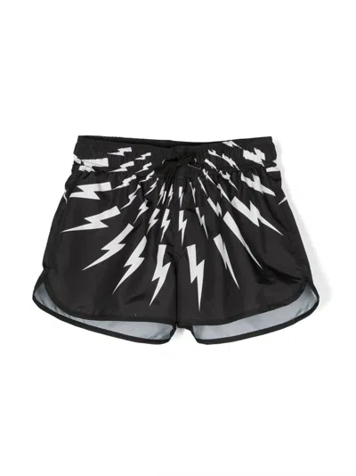 Neil Barrett Kids' Thunder Print Nylon Swim Shorts In Black,white