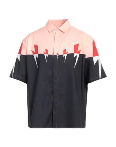 Neil Barrett Fine Poplin Cotton Tri-colour Tiger Bolt Short-sleeved Shirt In Pink