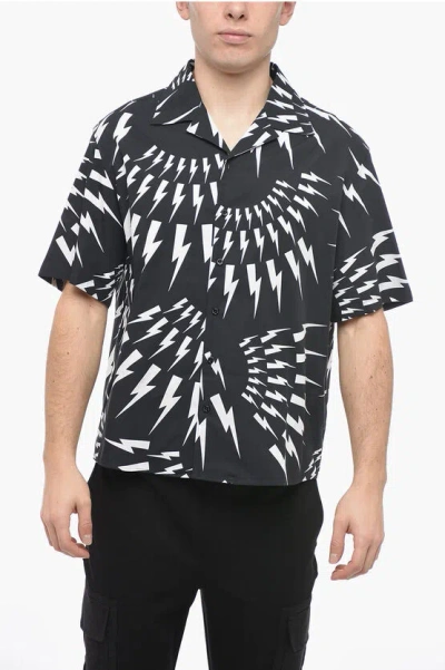 Neil Barrett Popeline Crazy Bolts Loose Fit Bowling Shirt In Black