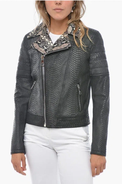 Neil Barrett Python Leather Biker Jacket With Front Zip In Gray