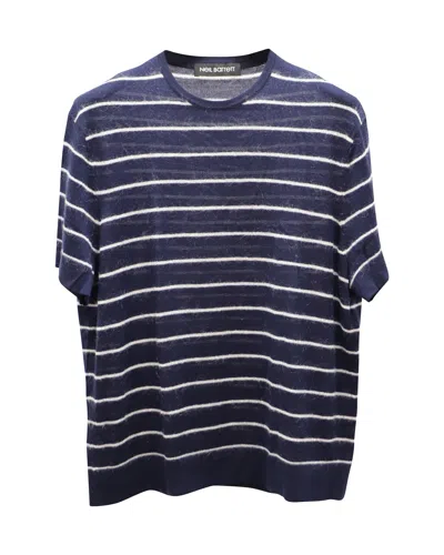 Neil Barrett Short Sleeve Knitted Stripe Shirt In Navy Blue And White Wool