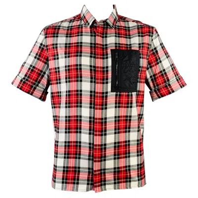 Pre-owned Neil Barrett Size Xl Red Black White Plaid Cotton One Pocket Short Sleeve Shirt