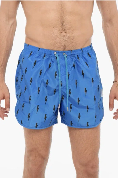 Neil Barrett Slim Fit Swim Shorts With All-over Thunderbolts Print In Blue
