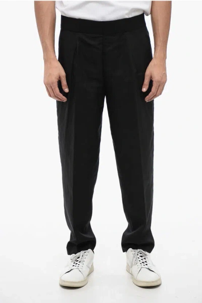 Neil Barrett Tapered Fit Linen Blend Pants With Double Pleat In Black