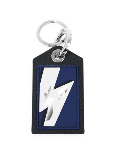 Neil Barrett Thunderbolt Hammered Leather Keychain In Blue