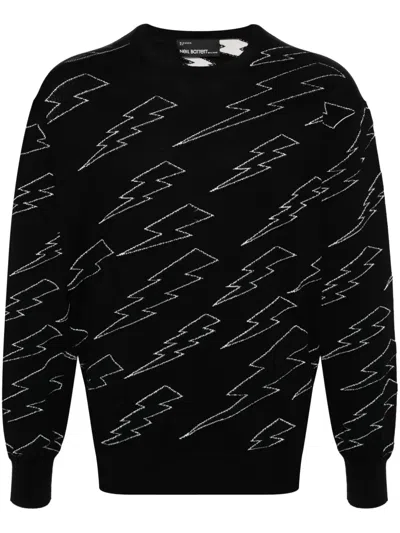 Neil Barrett Thunderbolt-intarsia Cotton Jumper In Black