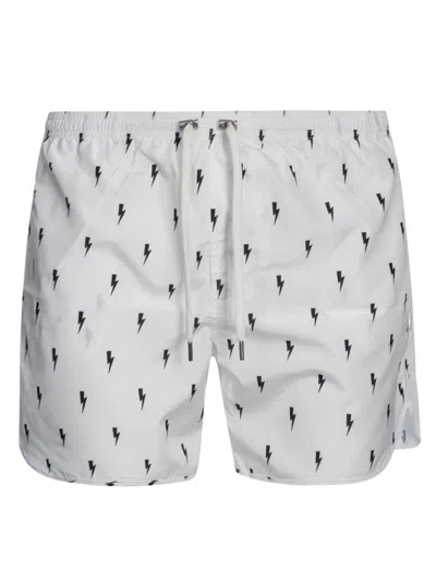 Neil Barrett Thunderbolt Swim Shorts In White/black