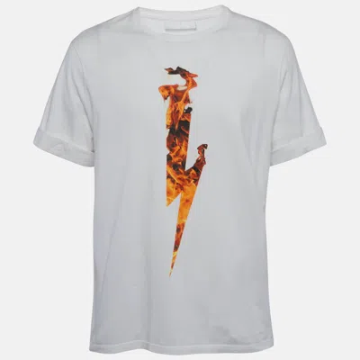 Pre-owned Neil Barrett White Flame Thunderbolt Print Cotton Rolled Up T-shirt M