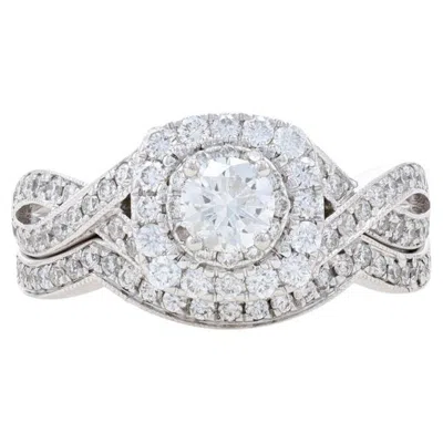 Pre-owned Neil Lane Diamond Halo Engagement Ring & Wedding Band - White Gold 14k 1.23ctw