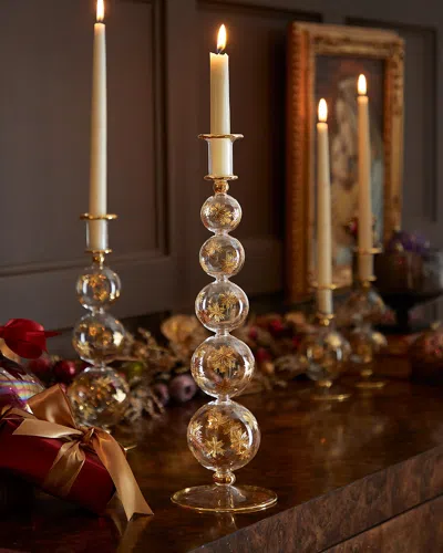 Neiman Marcus 16.4" Gold-tone Snowflakes Candle Holder In Transparent