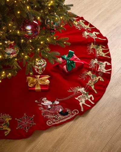 Neiman Marcus 54" Classic Christmas Santa And Reindeer Tree Skirt In Red