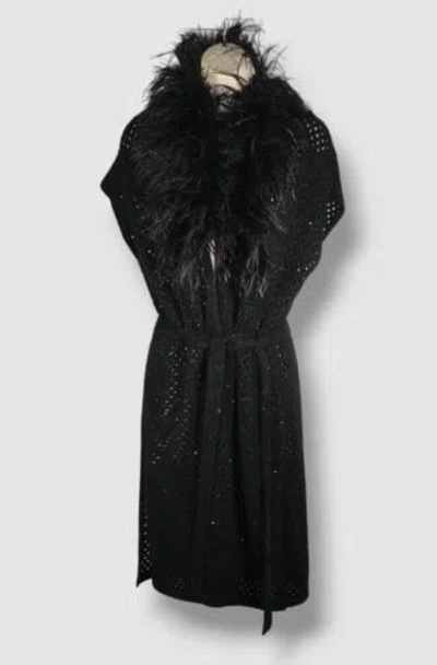 Pre-owned Neiman Marcus $795  Women's Black Cashmere Feather Shawl Mesh Vest Size L