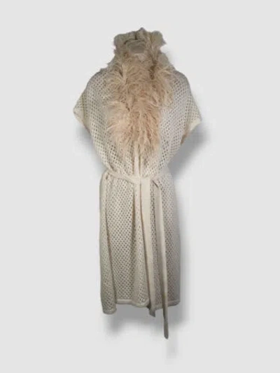 Pre-owned Neiman Marcus $796  Women's White Cashmere Mesh Feather Shawl Vest Size L