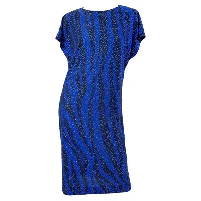 Pre-owned Neiman Marcus 80s Royal Blue Black Zebra Animal Print Glitter Caftan Midi Dress