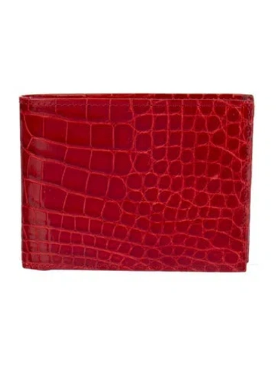 Pre-owned Neiman Marcus Alligator Animal Print Bifold Wallet In Red