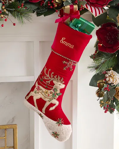Neiman Marcus Beaded Classic Christmas Reindeer Stocking In Red