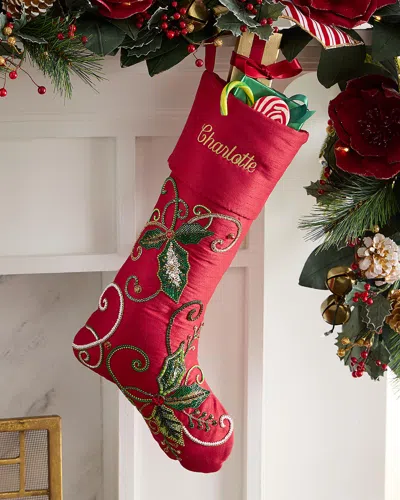 Neiman Marcus Beaded Holly Leaves Classic Christmas Stocking, Personalized