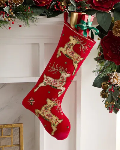 Neiman Marcus Beaded Reindeer Classic Christmas Stocking In Red