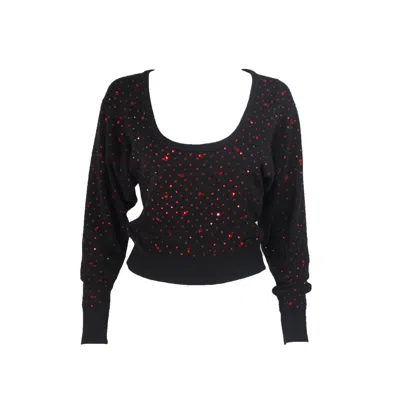 Pre-owned Neiman Marcus Black Wool Knit Sweater With Red Rhinestone Applique Size M/l