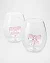Neiman Marcus Bow Stemless Wine Glasses, Set Of 2 In Pink Clear