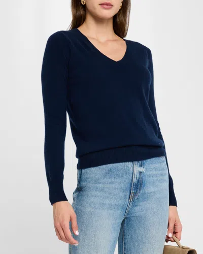 Neiman Marcus Cashmere Classic V-neck Sweater In Navy