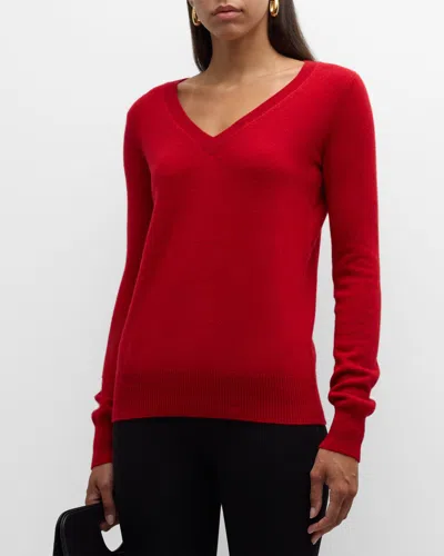 Neiman Marcus Cashmere Classic V-neck Sweater In Red