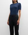 Neiman Marcus Cashmere Crop Crewneck Sweater In Navy