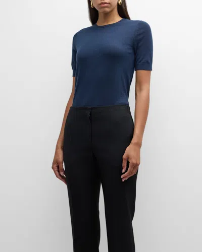 Neiman Marcus Cashmere Crop Crewneck Sweater In Navy