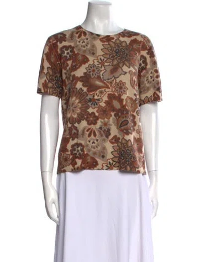 Pre-owned Neiman Marcus Cashmere Floral Print Sweater In Brown
