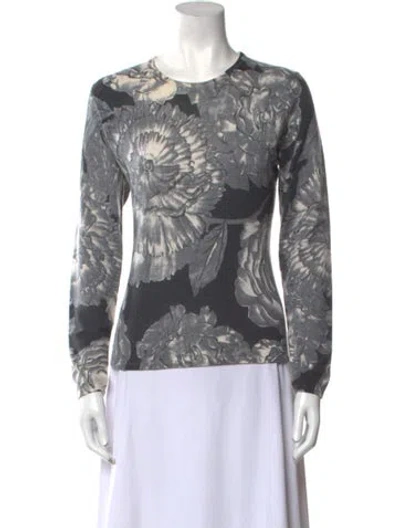 Pre-owned Neiman Marcus Cashmere Floral Print Sweater In Gray