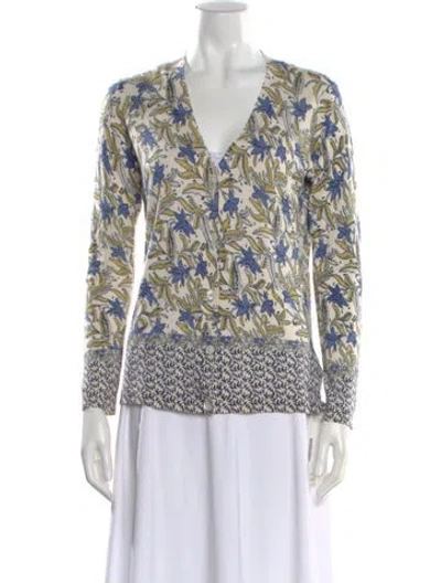 Pre-owned Neiman Marcus Cashmere Floral Print Sweater In White