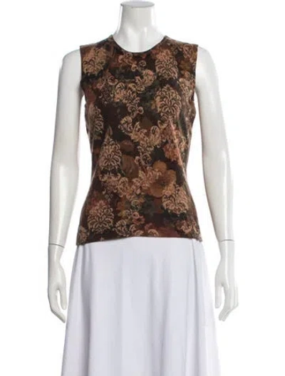 Pre-owned Neiman Marcus Cashmere Floral Print Top In Green