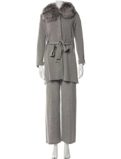 Pre-owned Neiman Marcus Cashmere Fur Trim Pant Set In Grey