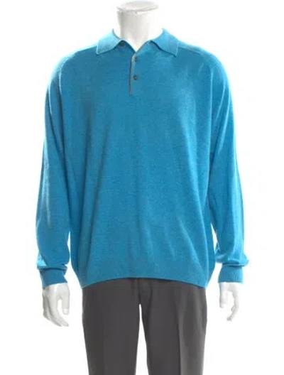 Pre-owned Neiman Marcus Cashmere Mock Neck Polo Sweater In Blue