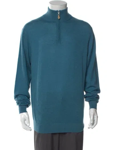 Pre-owned Neiman Marcus Cashmere Mock Neck Polo Sweater In Blue