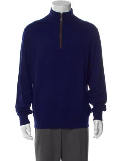 Pre-owned Neiman Marcus Cashmere Mock Neck Polo Sweater In Blue
