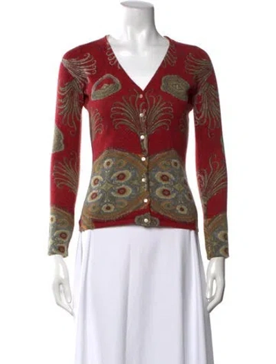 Pre-owned Neiman Marcus Cashmere Paisley Print Button-up Top In Red