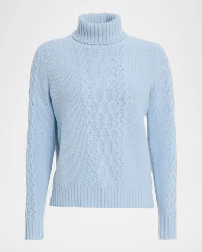 Neiman Marcus Cashmere Placed Cable Turtleneck Sweater In Blue